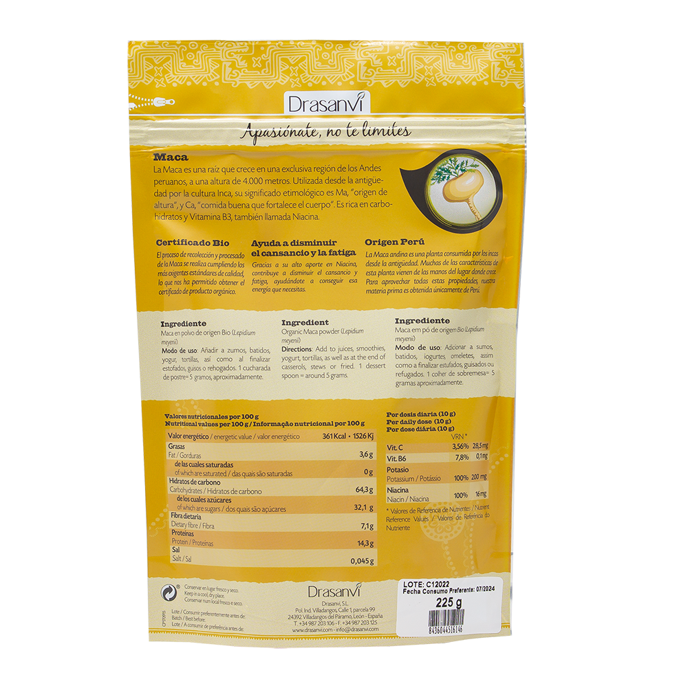 Maca Økologisk 225 g | Peruviansk pulver | naturlig energi | Drasanvi