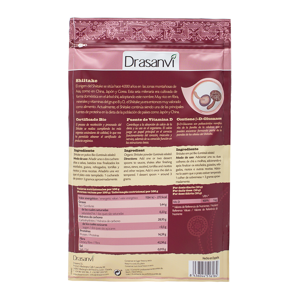 Shiitake Økologisk 125g | Kinesisk pulver | Vitamin D + Fiber | Drasanvi