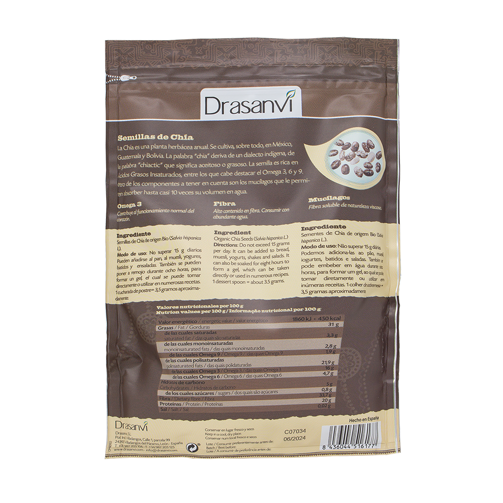 Chia Økologisk 250g | Paraguayansk Frø | Omega 3-6-9 + Fiber | Drasanvi